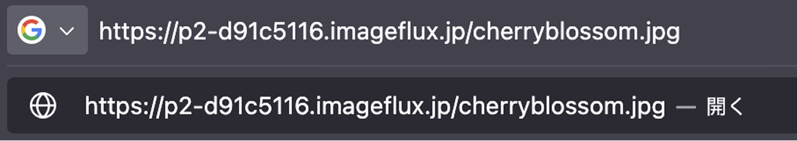 ウェブブラウザのURLバー貼り付けたURLの末尾を/candy.jpgから/cherryblossom.jpgに変更した画面のスクリーンショット